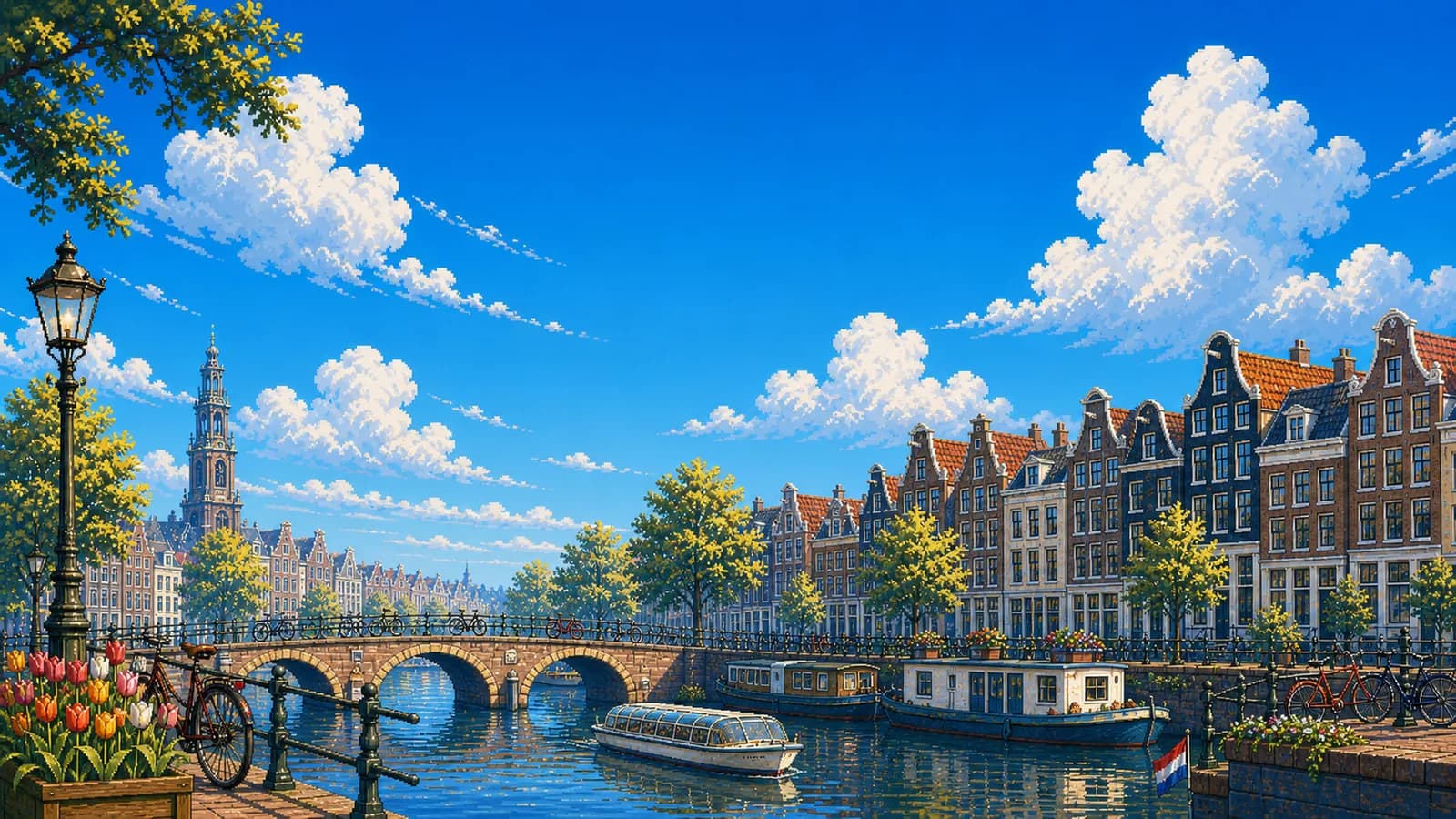 Retro Amsterdam canal scene during the day